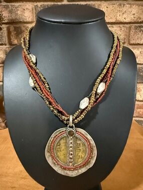 Chico's Medallion Multi Strand Necklace Garnet Tones Aztec style